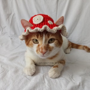 Mushroom Cat and Dog Crochet Bucket Hat, Red Color with Beige Dots On It, Pet Parents Gifts image 1