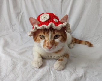 Mushroom Cat and Dog Crochet Bucket Hat, Red Color with Beige Dots On It, Pet Parents Gifts