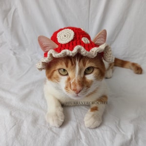 Mushroom Cat and Dog Crochet Bucket Hat, Red Color with Beige Dots On It, Pet Parents Gifts image 5