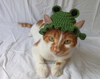 Minimal Frog Bucket Hat for Cats and Dogs, Crochet Hat with Ear Holes, Green Frog Pet Accessories, Gift for Cat Mom, Dog Lovers Gift