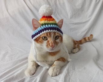 Rainbow Colors Cats and Dogs Hat, Colorful Pet Beanies with Pompom and Ear Holes and Stripes, Cute Animal Accessories