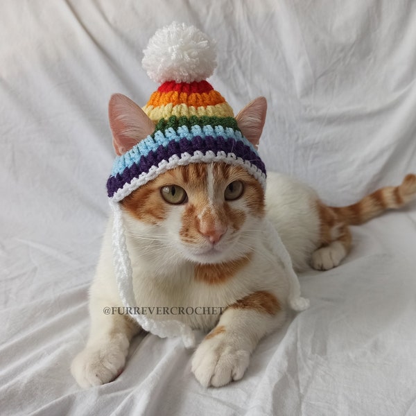 Rainbow Colors Cats and Dogs Hat, Colorful Pet Beanies with Pompom and Ear Holes and Stripes, Cute Animal Accessories
