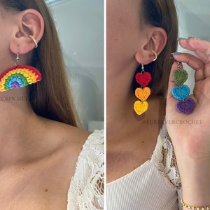 Brincos de crochê arco-íris, acessórios coloridos com corações de arco-íris, acessório com tema de bandeira LGBTQ+, presentes fofos para o mês do orgulho