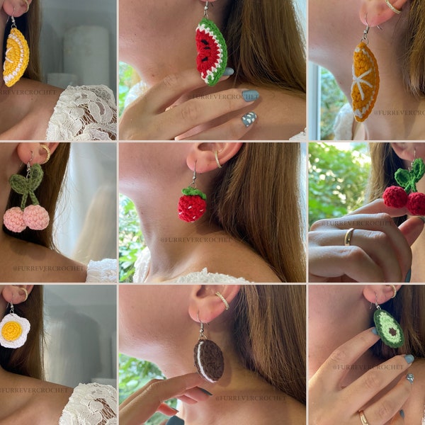 Boucles d'oreilles au crochet sur le thème des fruits et de la nourriture, cerise, fraise, pastèque, avocat, citron, orange, œufs, boucles d'oreilles Oreo, cadeaux amusants et mignons