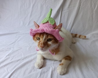 Pink Flower Fairy Bucket Hat for Cats and Small Dogs, Crochet Pet Accessories, Cute and Fun Photo Prop, Ear Holes and Chin Strip Hat