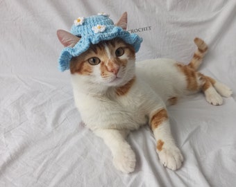 Cute Cat and Dog Bucket Hat With Daisy On It, White and Yellow Flower Crochet Hat, Pet Accessories