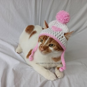 Pink Heart Design White Beanie, Cat and Dog Crochet Hat, Soft and Cute Pet Accessories, Valentines Day Gift, Photo Prop for Feb 14