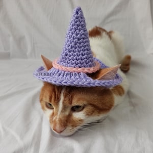 Lilac Soft Purple Witch Wizard Hat for Cats and Dogs, Crochet Fun and Cute Halloween Accessories, With Pink Stripe and Ear Opening Hat