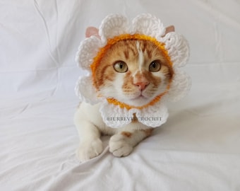 May include: A ginger and white cat wearing a white and yellow crocheted daisy flower collar and headpiece. The cat is lying down on a white surface. The text "FURREVER CROCHET" is visible on the collar.