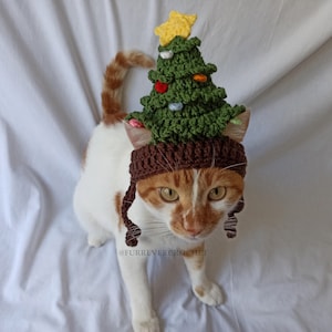 Christmas Tree Cat and Dog Hat, Crocheted Xmas Pet Accessories, Cat Beanie with Ear Holes, Holiday Hat, Christmas Photo Prop, Pine Hat