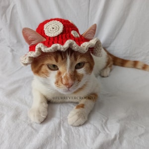 Mushroom Cat and Dog Crochet Bucket Hat, Red Color with Beige Dots On It, Pet Parents Gifts image 2