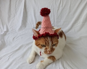 Pink and Burgundy Pompom Birthday Hat for Cats and Dogs, Party Cone Hat for Pets, Birthday Gifts for Pets, Cute Photo Prop for Pets