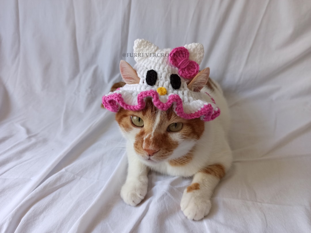 Hello Kitty Cat and Dog Bucket Hat, Crochet Pet Accessories With