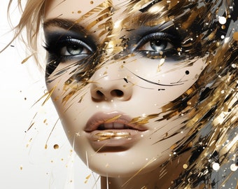 Può includere: Primo piano del viso di una donna con trucco oro e nero. Il trucco è astratto e ricorda piume o pennellate. Gli occhi della donna sono fortemente delineati con eyeliner nero e le sue labbra sono dipinte di un colore nude.