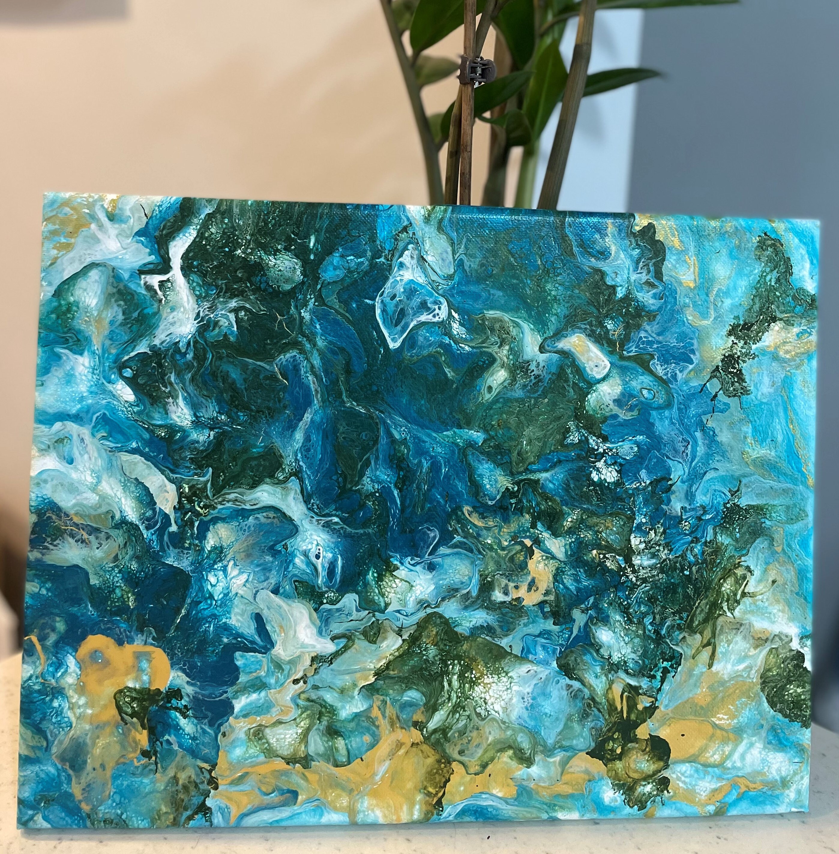 ブルーグリーンゴールド抽象芸術：現代アクリル画（11 x 14インチ