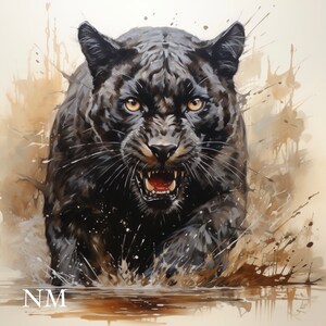 May include: A black panther with sharp teeth and claws emerges from a body of water, its fur glistening with droplets. The background is a watercolor wash of brown and white.