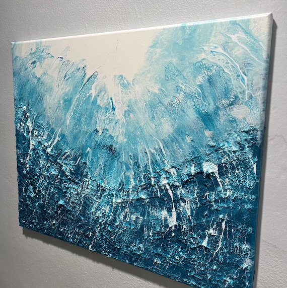 テクスチャード抽象画：青と白のアクリル壁アート、16x20インチ - Etsy