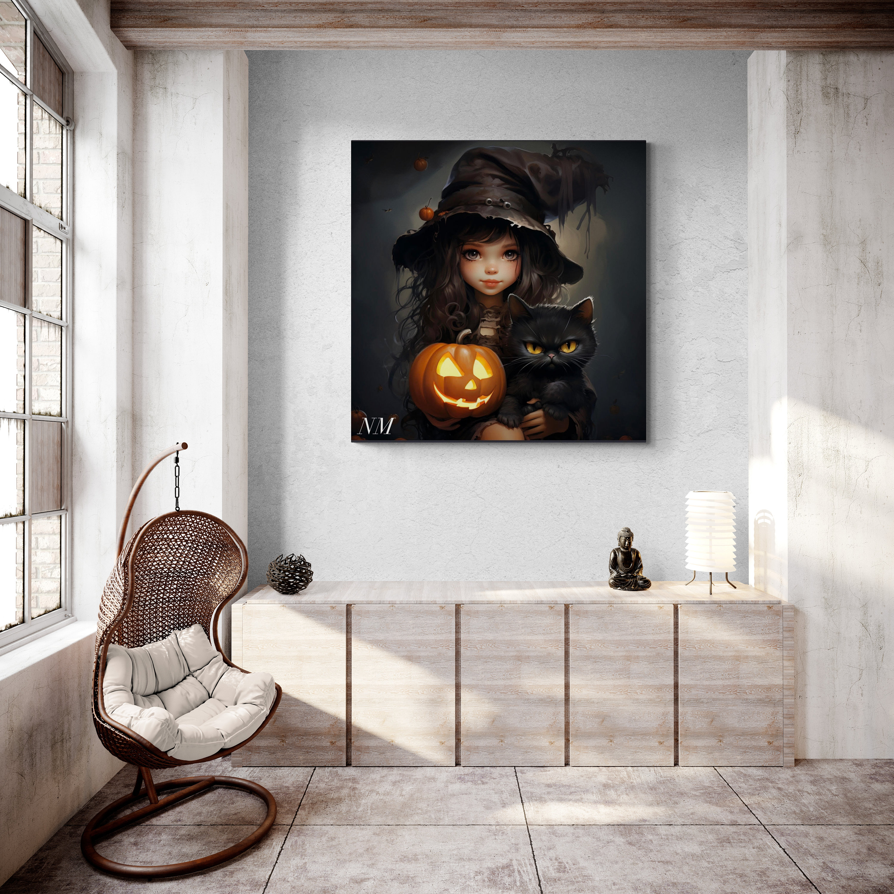 Halloween Witch & Black Cat Art Print: Pumpkin Home Decor (digital ...
