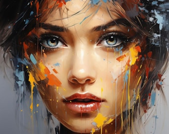 May include: A close-up portrait of a woman with colorful paint splatters on her face and hair. The paint is in shades of blue, yellow, orange, and red. The woman has dark hair and brown eyes. The background is a light gray.