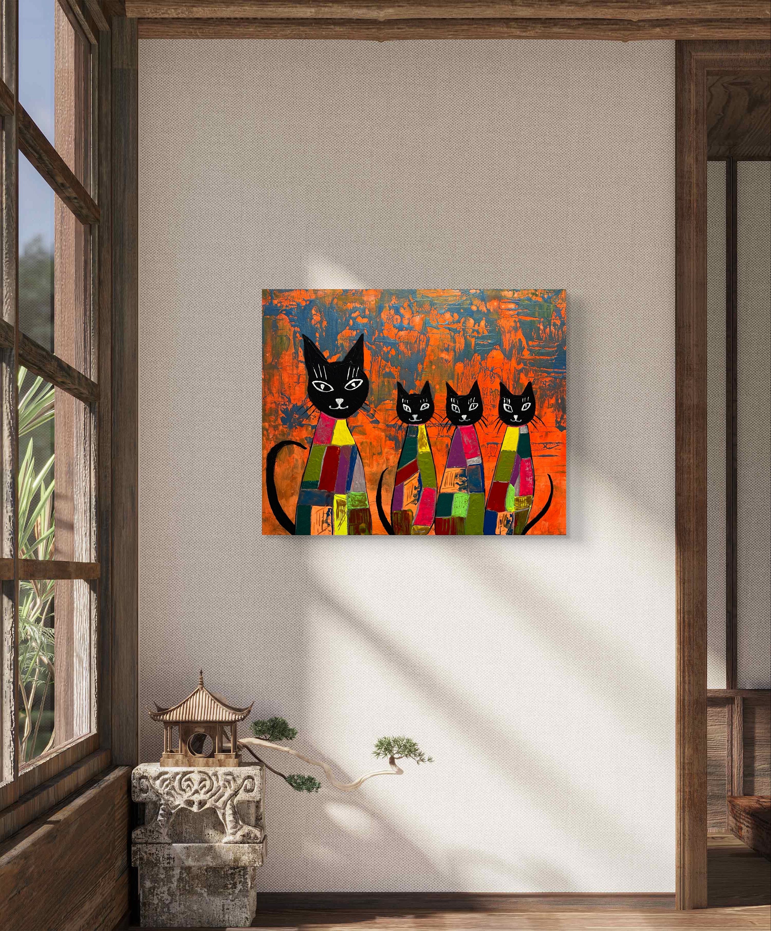 抽象的な猫のアクリル画：気まぐれな子供部屋の壁アート（16x20インチ