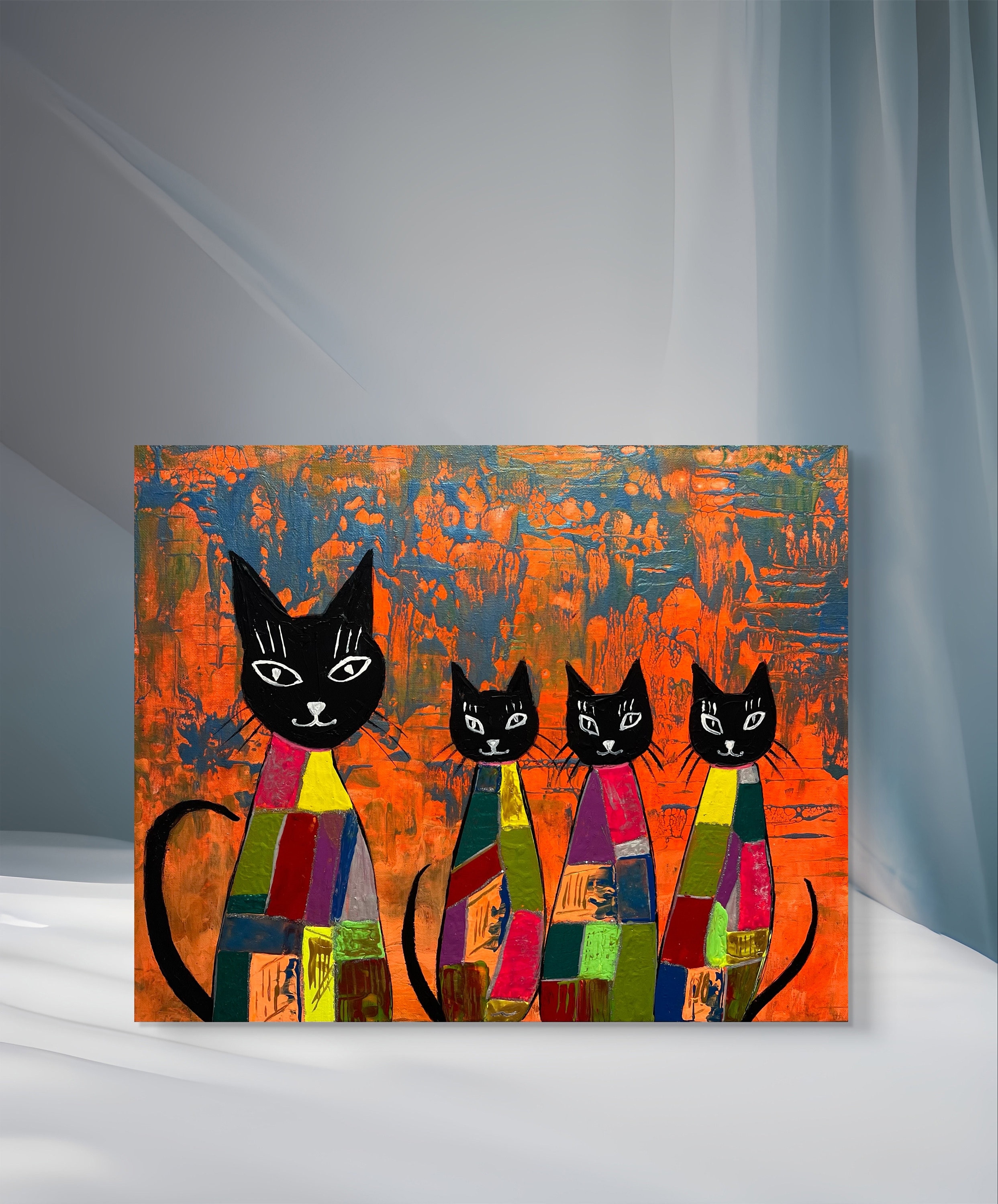 抽象的な猫のアクリル画：気まぐれな子供部屋の壁アート（16x20インチ