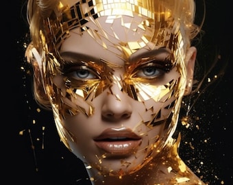 Può includere: Ritratto digitale di una persona con decorazioni dorate a mosaico sul viso e sui capelli. La persona ha la pelle chiara, occhi azzurri e trucco dorato. Lo sfondo è nero, creando un contrasto con l'oro.