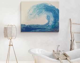 May include: Abstract painting of a blue wave crashing on a white background. The wave is painted in shades of blue and green, with white highlights. The painting is framed and hanging on a white wall.