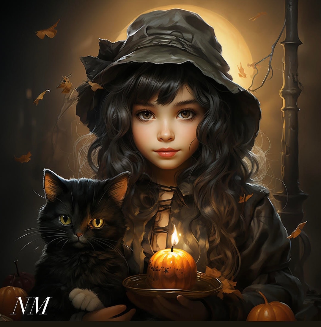 Halloween Gif. Black Cat Halloween Decor. Pumpkin Witch Print Etsy