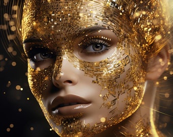 May include: A close-up of a woman's face with a gold, glittery mask covering her forehead, eyes, and nose. The mask has a geometric pattern and is reminiscent of a circuit board. The background is blurred and features a bokeh effect with golden lights.