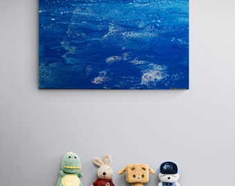 May include: Four plush toys, a green dinosaur, a red and white bunny, a brown dog, and a blue and white character wearing a blue cap, are sitting on a light gray couch in front of a blue abstract painting.
