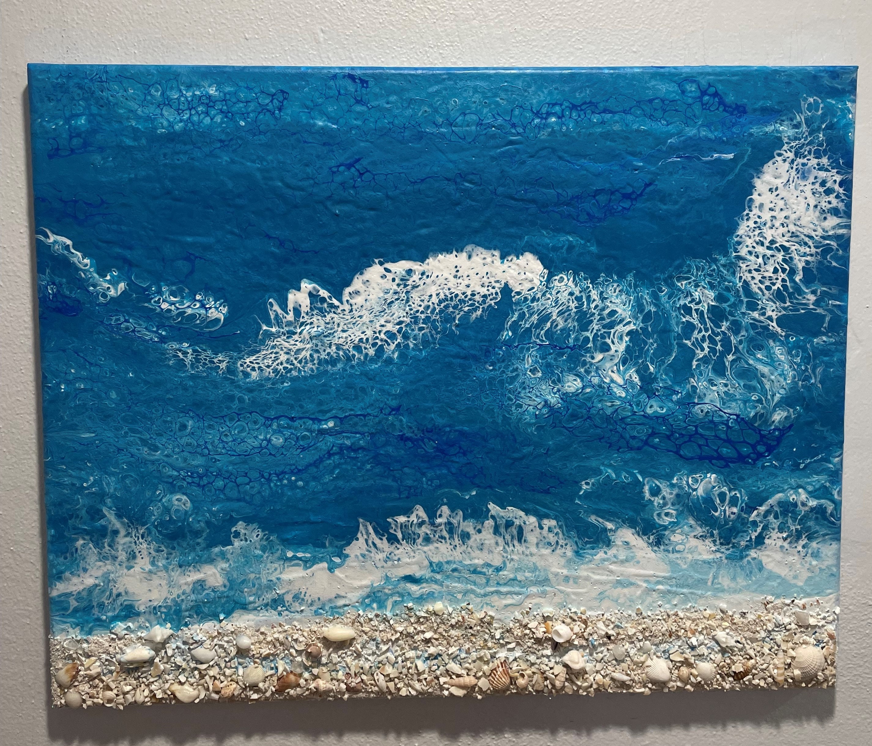 貝殻を使った海の絵画：抽象的な海景アクリルアート（12x16インチ