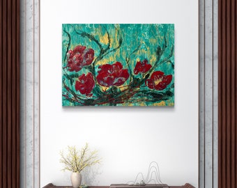May include: A rectangular canvas painting featuring five vibrant red flowers with thick, textured brushstrokes. The background is a blend of teal, turquoise, and gold paint with dark green, swirling stem and leaf patterns throughout the composition.