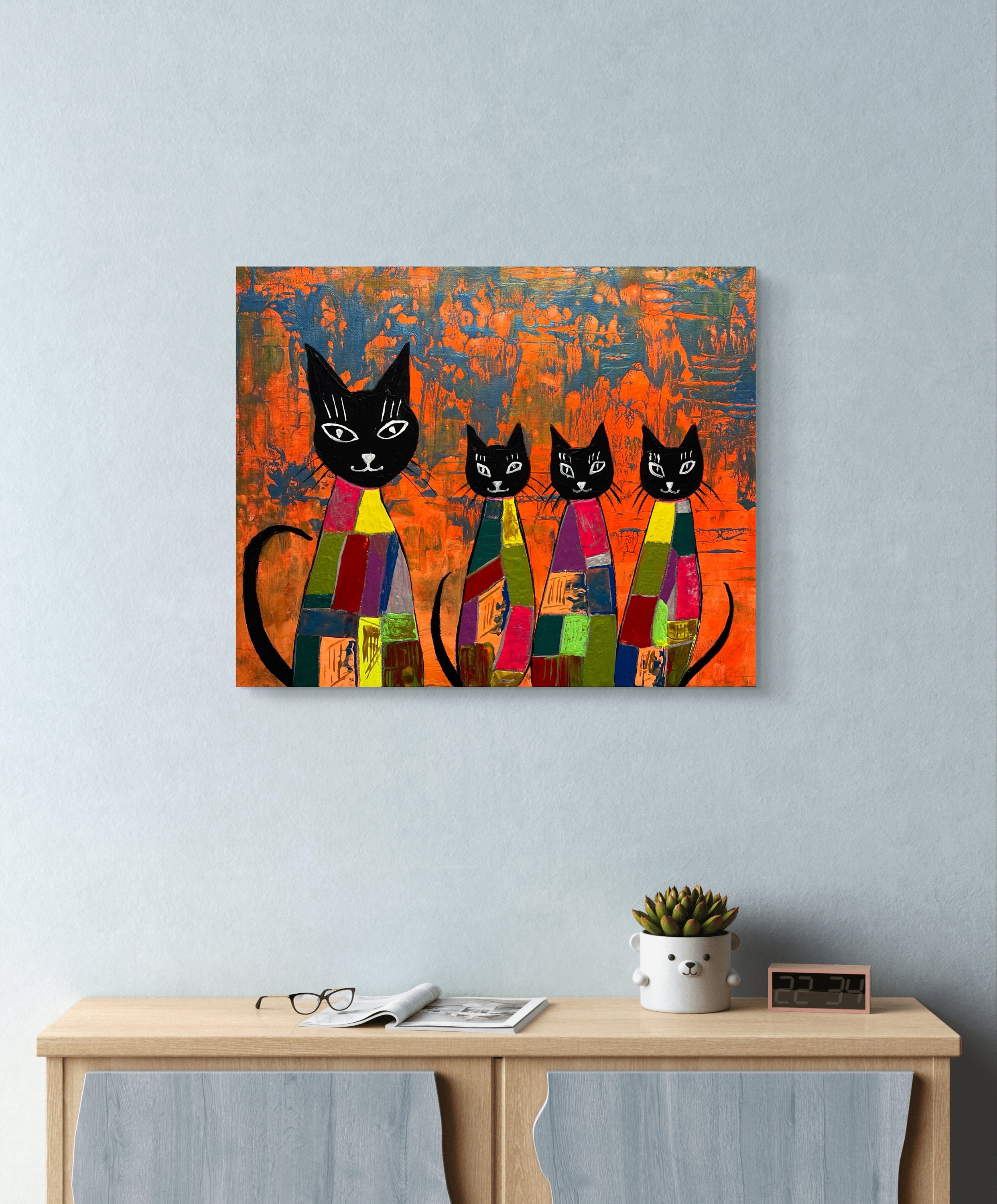 抽象的な猫のアクリル画：気まぐれな子供部屋の壁アート（16x20インチ