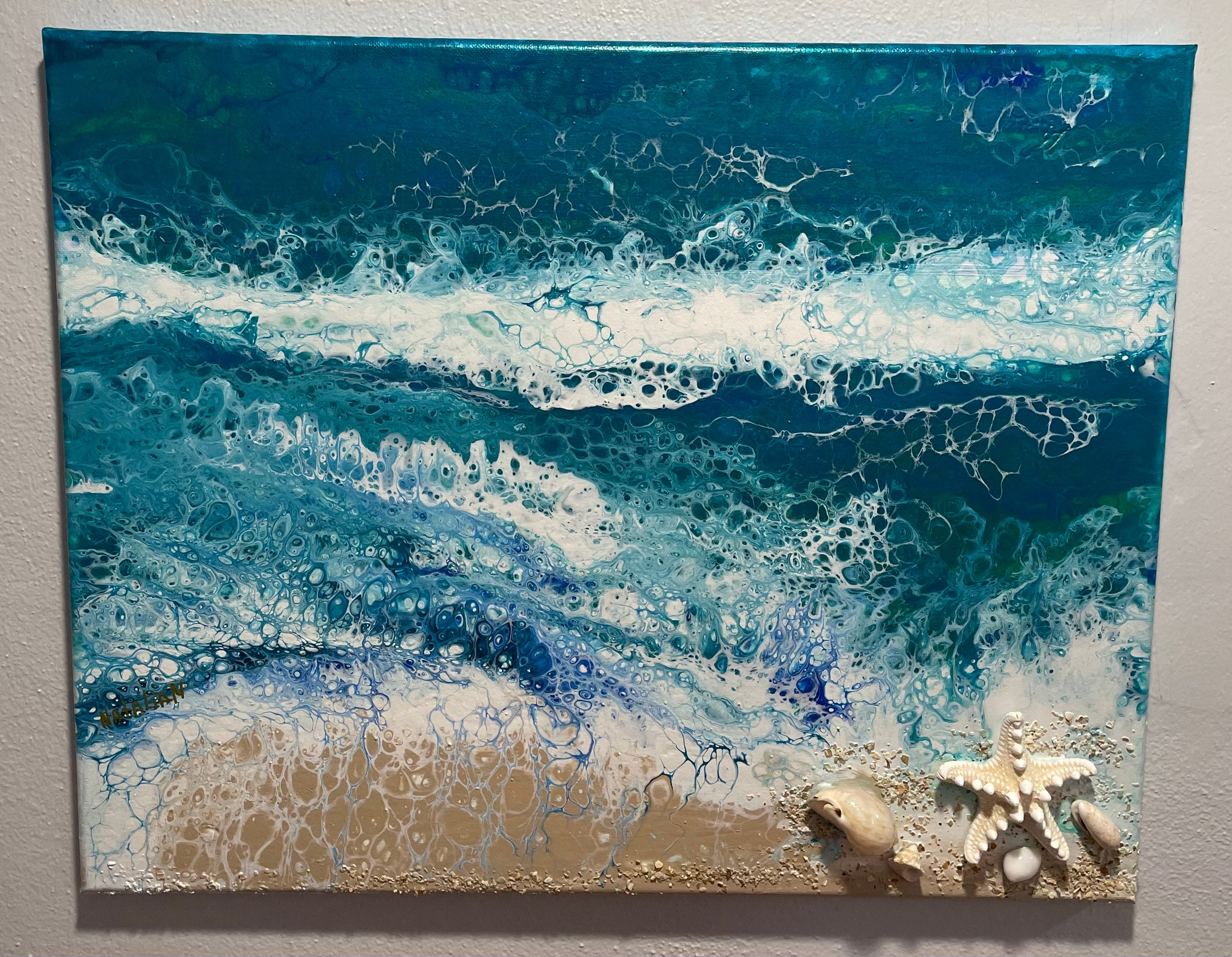 Ocean Wave Acrylic Painting: Seashell Nautical Art (16x20 Inches