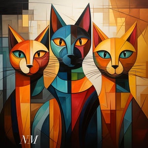 May include: Three stylized cats with geometric patterns in shades of orange, blue, and brown. The cats are arranged in a triangular formation with the blue cat in the center.