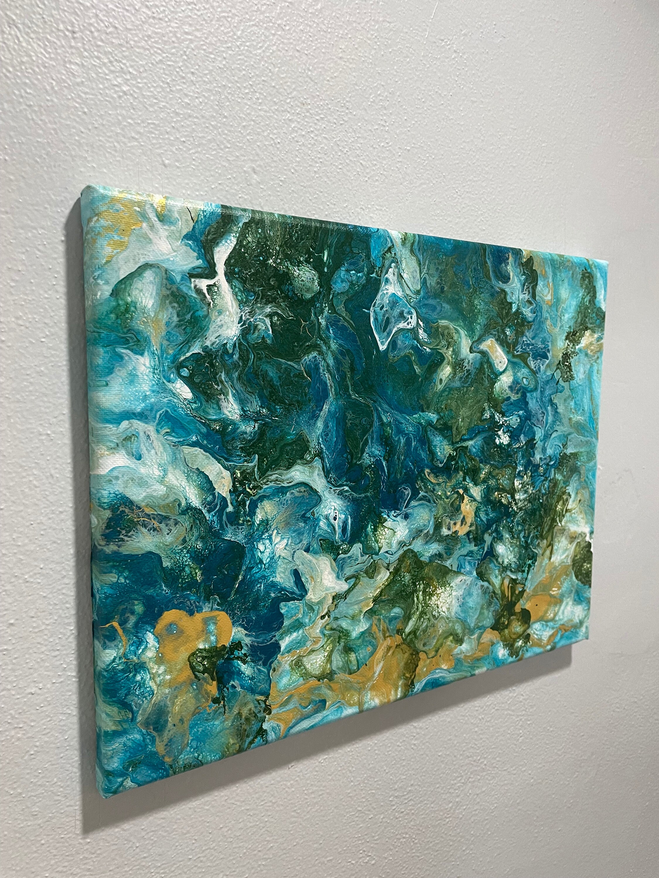 ブルーグリーンゴールド抽象芸術：現代アクリル画（11 x 14インチ