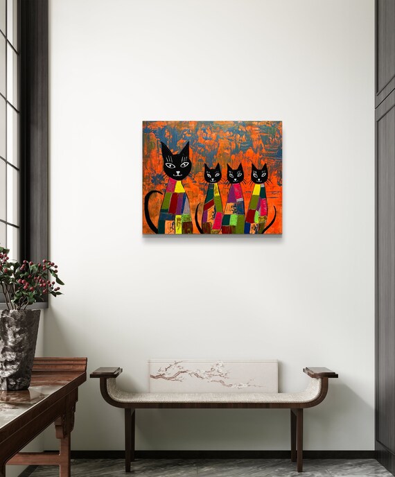 抽象的な猫のアクリル画：気まぐれな子供部屋の壁アート（16x20インチ