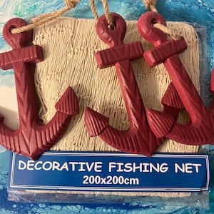 coastal fish net decor Large Nautical Fish Net With Starfish & Red Anchors: Coastal Decor