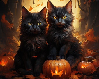 Black Cats Halloween Print: Spooky Pumpkin Home Decor (digital