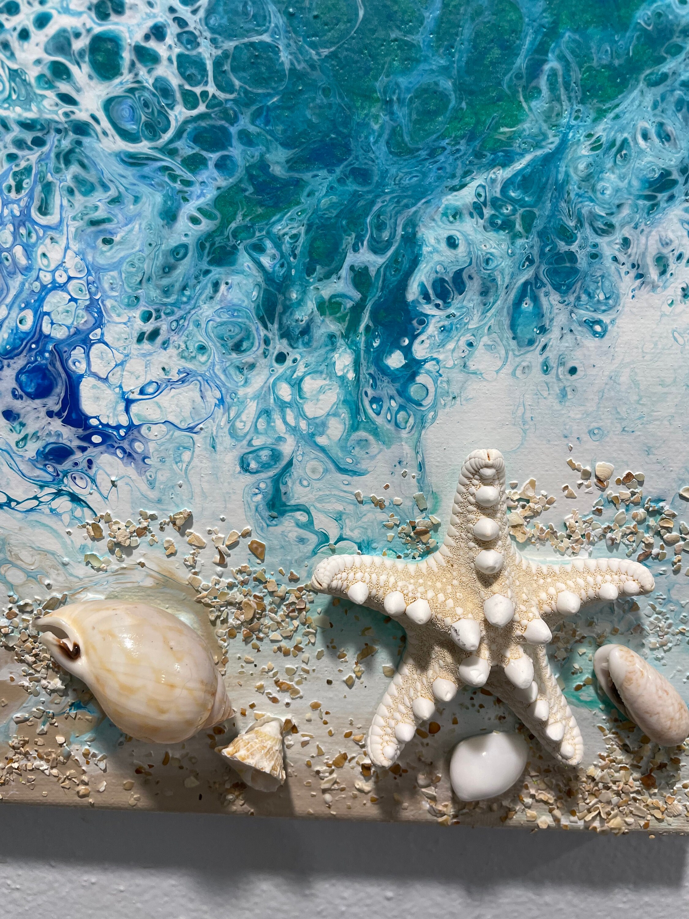 Ocean Wave Acrylic Painting: Seashell Nautical Art (16x20 Inches