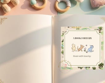クラシックなプーさんのブックプレート（印刷可能）｜ベビーシャワーギフト｜保育園の絵本ラベル｜すぐにダウンロード