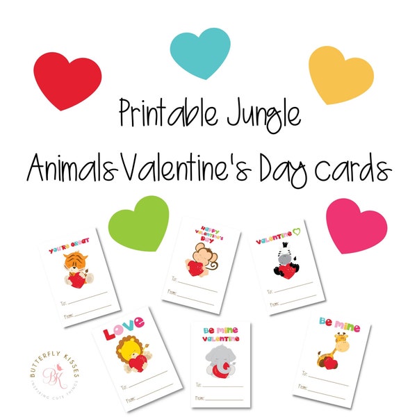 Jungle Animals Valentine's Day cards for kids-Printable Valentine's Day Classroom Cards, Kids Valentine (Instant Download)