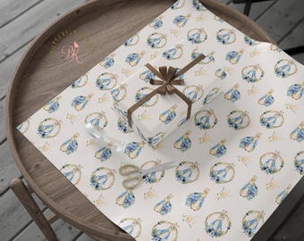Peter Rabbit Wrapping Paper - Baby Shower & 1st Birthday Gift Wrap - Blue Floral Vintage Bunny Gift Wrap