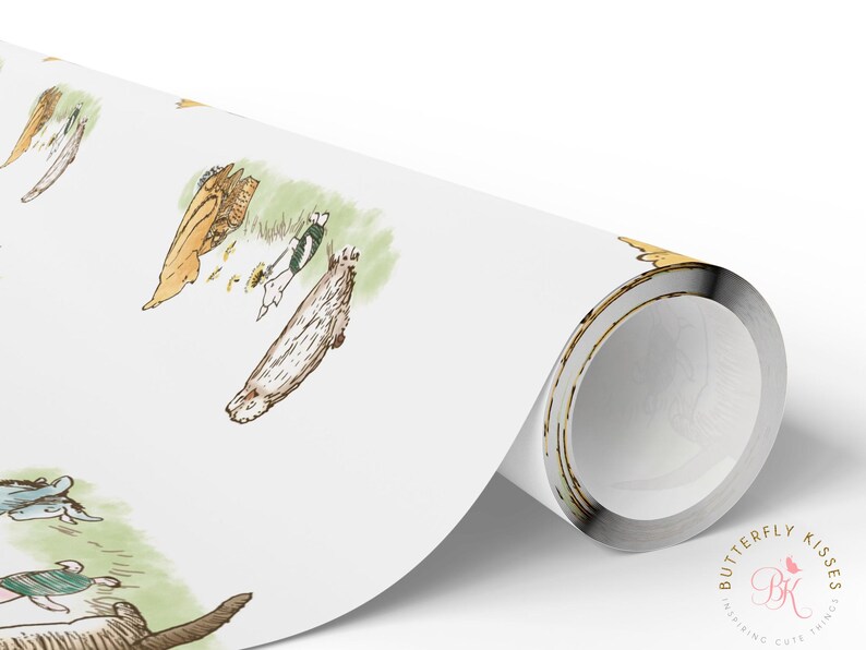 Rolled sheet of Classic Winnie the Pooh-themed wrapping paper partially unrolled on a white surface. The paper showcases charming watercolor scenes of Pooh, Piglet, and their friends in soft pastel tones with grassy patches and woodland details.