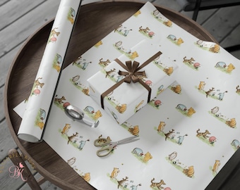 May include: White wrapping paper with a repeating pattern of Winnie the Pooh and his friends playing in a field. The paper is rolled up and there is a brown ribbon tied around a gift box.