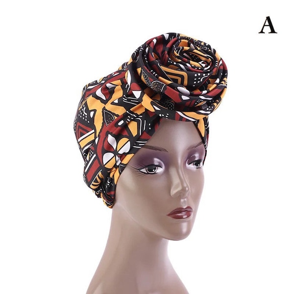 African Print Head Wrap Ankara Satin Lined  Rose Knot Pre-tied Turban Afro Hair Protective Covering