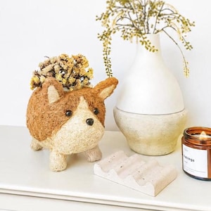 Puede incluir: Una maceta con forma de corgi marrón y blanco llena de flores secas. Junto a ella, un jarrón blanco con vegetación, un jabonera de hormigón y una vela encendida en un tarro de cristal.