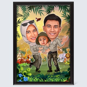 Gepersonaliseerde familie groep karikatuur cartoon portret, vader moeder kinderen verjaardagscadeau, grappige karikatuur van foto, boswachter bosdienst, hobby