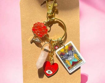 Boho Tarot Keychain, Lovers Card Evil Eye Protection , Rose Quartz & Floral Charms Spiritual purse Charm,bag pendant ,Witchy, Aesthetic Gift