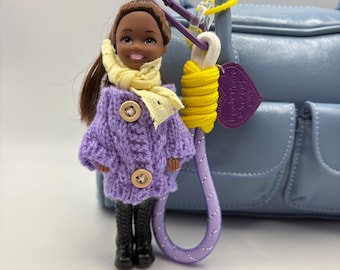 Y2K Mini Doll Keychain – Handmade Purple Knit Outfit with Scarf & Boots Cute Bag Charm Gift , Doll Bag Charm for Keys, Purse , bag pendant.